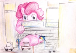 Size: 1824x1280 | Tagged: safe, artist:tanishi194, pinkie pie, pony, car, city, drawing, faic, giant pony, macro, solo