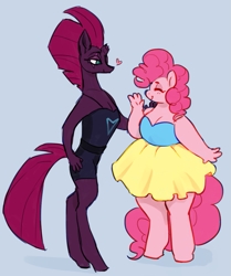 Size: 957x1144 | Tagged: safe, artist:cottoncloudy, fizzlepop berrytwist, pinkie pie, tempest shadow, anthro, earth pony, pony, unguligrade anthro, unicorn, broken horn, chubby, cis, cis girl, female, fit, horn, lesbian, plump, shipping, tempestpie