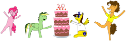 Size: 1280x427 | Tagged: safe, artist:didgereethebrony, cheese sandwich, pinkie pie, oc, oc:didgeree, oc:ponyseb, earth pony, pegasus, pony, birthday, birthday cake, cake, candle, chubby, clothes, drool, eyes on the prize, food, ponyseb's outfit, shirt, simple background, sweater, transparent background