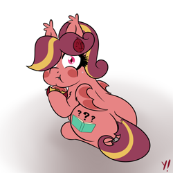 Size: 1280x1280 | Tagged: safe, artist:yakoshi, oc, oc:minutiae, bat pony, pony, :t, bat pony oc, blush sticker, blushing, chubby, dilated pupils, eating, female, hairpin, looking at you, mare, one eye covered, plum, solo, surprised, sweat