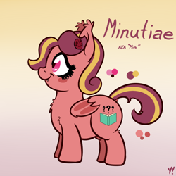 Size: 1200x1200 | Tagged: safe, artist:yakoshi, oc, oc:minutiae, bat pony, pony, bat pony oc, blush sticker, blushing, chest fluff, chubby, female, hairpin, mare, reference sheet, smiling, solo