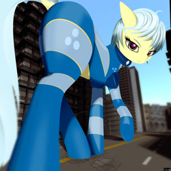 Size: 2400x2400 | Tagged: safe, artist:styroponyworks, oc, oc only, oc:ultramare, earth pony, pony, 3d, blender, building, city, dock, female, giant pony, looking at you, macro, mare, mixed media, solo, street