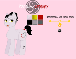 Size: 4136x3240 | Tagged: safe, artist:madamesaccharine, oc, oc:puzzling insanity, earth pony, pony, chubby, fangs, female, flower, industrial piercing, nose piercing, piercing, redesign, reference sheet, rose, simple background, solo, tail wrap, tattoo