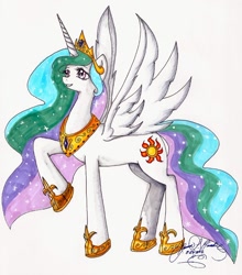 Size: 600x683 | Tagged: safe, artist:gina-su, princess celestia, alicorn, pony, female, mare, multicolored mane, solo, traditional art, white coat