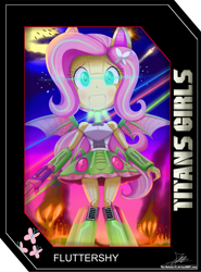 Size: 2025x2737 | Tagged: safe, artist:the-butch-x, fluttershy, bat pony, robot, equestria girls, building, city, clothes, crossover, destruction, flutterbat, giantess, macro, race swap, skirt, solo, tanktop, titans girls, transformers