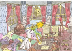 Size: 2336x1664 | Tagged: safe, artist:stardustchild01, princess celestia, alicorn, pony, night, quill, traditional art