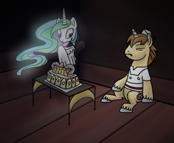 Size: 2305x1903 | Tagged: safe, artist:wolframclaws, donut joe, princess celestia, alicorn, pony, cake, female