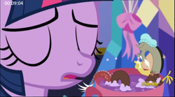 Size: 1071x597 | Tagged: safe, screencap, discord, twilight sparkle, twilight sparkle (alicorn), alicorn, pony, celestial advice, bathing, cup, eyes closed, hat, micro, shower cap, shrunk, soap, teacup