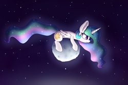 Size: 1280x853 | Tagged: safe, artist:heir-of-rick, princess celestia, princess luna, alicorn, pony, macro, micro, moon, pony bigger than a planet, prone, size difference, solo, space, tangible heavenly object