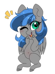 Size: 753x1000 | Tagged: safe, artist:littlebibbo, oc, oc only, oc:bibbo, pegasus, pony, belly button, blushing, chibi, chubby, female, freckles, mare, one eye closed, open mouth, plump, simple background, smiling, solo, white background