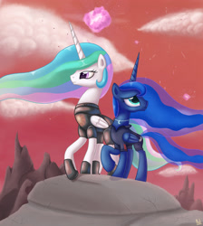 Size: 3194x3560 | Tagged: dead source, safe, artist:polkin, princess celestia, princess luna, alicorn, pony, armor, high res