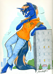 Size: 824x1134 | Tagged: safe, artist:jadedjynx, oc, oc only, oc:cobalt blaze, anthro, unguligrade anthro, unicorn, anthro oc, building, city, clothes, commission, cutie mark on clothes, giant pony, glasses, macro, male, simple background, solo, traditional art