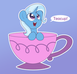 Size: 1200x1162 | Tagged: safe, artist:sweetcleanfun, trixie, pony, all bottled up, cup, cup of pony, cute, dialogue, diatrixes, gradient background, micro, smiling, solo, teacup, that pony sure does love teacups, tiny ponies