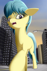 Size: 1983x3000 | Tagged: safe, artist:styroponyworks, derpibooru exclusive, oc, oc only, oc:ultramare, pony, 3d, blender, city, giant pony, looking at you, macro, missing accessory, mixed media, solo, street