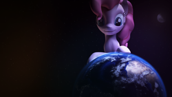 Size: 1920x1080 | Tagged: safe, pinkie pie, pony, 3d, cinema 4d, earth, macro, moon, pony bigger than a planet, sfm pony, solo, space