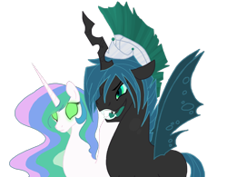 Size: 1600x1246 | Tagged: source needed, useless source url, safe, artist:wolfsknight, king metamorphosis, princess celestia, queen chrysalis, alicorn, changeling, changeling queen, pony, changeling king, mind control, rule 63, simple background, transparent background