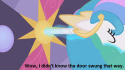 Size: 640x358 | Tagged: safe, princess celestia, alicorn, pony, door, female, horn, mare, pun, solo