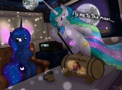 Size: 1920x1408 | Tagged: safe, artist:macchiatojolt, big macintosh, princess celestia, princess luna, alicorn, earth pony, pony, fly me to the moon, karaoke, luna is not amused, male, singing, stallion, unamused