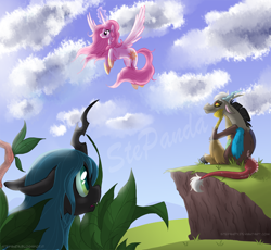 Size: 1200x1102 | Tagged: safe, artist:stepandy, discord, princess celestia, queen chrysalis, alicorn, changeling, changeling queen, pony, discolis, dislestia, female, love triangle, male, scenery, shipping, straight