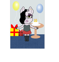 Size: 1367x1435 | Tagged: safe, artist:madamesaccharine, oc, oc:puzzling insanity, anthro, earth pony, pony, balloon, birthday, birthday cake, boots, cake, candle, chubby, clothes, cute, eyeliner, eyeshadow, fangs, female, food, glasses, goth, industrial piercing, lip piercing, makeup, nose piercing, piercing, pouty lips, present, shoes, sidecut, skirt, sleeveless, smiling, solo