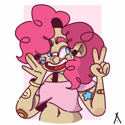 Size: 3000x3000 | Tagged: safe, artist:criatffit, pinkie pie, human, :), alternate hairstyle, bandaid, belly button, black underwear, bra strap, chubby, clothes, female, humanized, midriff, open mouth, peace sign, short shirt, solo, tattoo, underwear