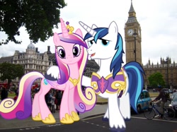 Size: 1079x805 | Tagged: safe, artist:jawsandgumballfan24, princess cadance, shining armor, pony, unicorn, big ben, elizabeth tower, giant pony, irl, london, macro, photo, ponies in real life, westminster