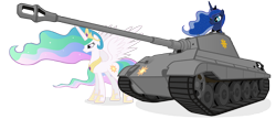 Size: 10000x4300 | Tagged: safe, artist:mrlolcats17, princess celestia, princess luna, alicorn, pony, absurd resolution, simple background, tank (vehicle), transparent background, vector