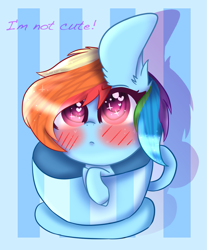 Size: 1065x1287 | Tagged: safe, artist:flutterwishs143, rainbow dash, pegasus, pony, blushing, cup, cup of pony, female, heart eyes, i'm not cute, mare, micro, solo, teacup, wingding eyes