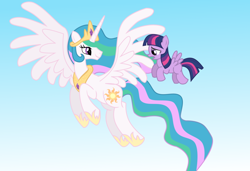 Size: 900x615 | Tagged: safe, artist:willowtails, princess celestia, twilight sparkle, alicorn, pegasus, pony, blank flank, duo, ethereal mane, female, filly, filly twilight sparkle, flying, mare, pegasus twilight sparkle, race swap, younger
