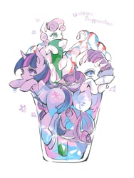 Size: 1500x1999 | Tagged: safe, artist:wan, rarity, sweetie belle, twilight sparkle, pony, unicorn, cup, cup of pony, micro, simple background, starbucks, tongue out, trio, unicorn frappuccino, white background