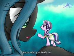 Size: 1024x768 | Tagged: safe, artist:matchapony, queen chrysalis, starlight glimmer, changeling, changeling queen, pony, clothes, crossover, dress, equestrian pink heart of courage, macro, moana, te fiti