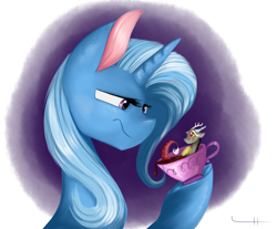 Size: 1024x847 | Tagged: safe, artist:lcpegasister75, discord, trixie, draconequus, pony, unicorn, cup, duo, female, looking at each other, mare, micro, smiling, teacup, unamused