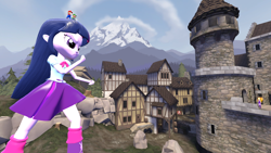 Size: 1920x1080 | Tagged: safe, artist:peter-krinklebein, adagio dazzle, twilight sparkle, equestria girls, 3d, building, clothes, crossover, degroot keep, giantess, leg warmers, luigi, macro, mario, nintendo, scenery, skirt