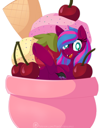 Size: 1929x2336 | Tagged: safe, artist:pearlyiridescence, oc, oc only, oc:spanking shade, bat pony, pony, cherry, cup, cup of pony, female, food, fruit, ice cream, micro, open mouth, smiling, solo, strawberry, sundae, underhoof