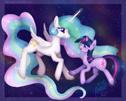 Size: 921x737 | Tagged: safe, artist:ambunny, princess celestia, twilight sparkle, alicorn, pony, unicorn, duo, duo female, female, mare