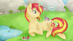 Size: 1136x640 | Tagged: safe, artist:wintaura, artist:wintaura-art, sunset shimmer, twilight sparkle, twilight sparkle (alicorn), alicorn, pony, unicorn, commission, crossed arms, cup, food, fruit, giant pony, giant/macro sunset shimmer, grin, lying down, macro, magic, princess, smiling, smug, tea, teacup