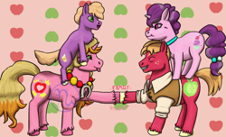 Size: 2300x1400 | Tagged: safe, artist:azurllinate, big macintosh, little mac, sugar belle, oc, oc:apple eclair, earth pony, unicorn, the last problem, accessories, chubby, clothes, cloven hooves, eyes closed, family, female, freckles, futurehooves, green eyes, hoofbump, horseshoes, jewelry, laying on head, long mane, long tail, looking at each other, male, necklace, next gen:futurehooves, next generation, offspring, older, older big macintosh, older sugar belle, parent:big macintosh, parent:sugar belle, parents:sugarmac, purple eyes, shipping, siblings, standing on back, sticking tongue out, straight, strong, sugarmac, sweet muffin, text, two toned mane, two toned tail, vest, wrinkles