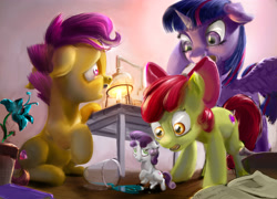 Size: 4000x2880 | Tagged: safe, artist:skribbler84, apple bloom, scootaloo, sweetie belle, twilight sparkle, twilight sparkle (alicorn), alicorn, pony, bunsen burner, cutie mark crusaders, flower, glass, micro, poison joke, potion, shrunk, tiny ponies, uncanny valley