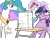 Size: 746x560 | Tagged: safe, artist:conicer, princess celestia, twilight sparkle, alicorn, pony, g4, magic, nightmare, pencil, simple background, telekinesis