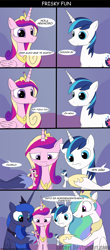 Size: 900x2037 | Tagged: safe, artist:innuendo88, artist:loceri, princess cadance, princess celestia, princess luna, shining armor, alicorn, pony, unicorn, comic, slice of life, spanish, translation