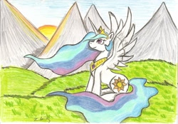 Size: 2338x1627 | Tagged: safe, artist:zubias, princess celestia, alicorn, pony, female, mare, signature, solo, sunrise, traditional art