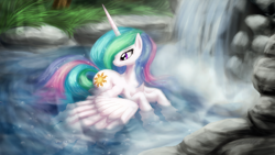 Size: 1920x1080 | Tagged: safe, artist:zedrin, princess celestia, alicorn, pony, bathing, belly wings, colored, crepuscular rays, digital painting, outdoors, prone, river, solo, spread wings, swimming pool, water, waterfall, wet mane