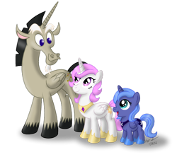 Size: 1024x908 | Tagged: safe, artist:aleximusprime, discord, princess celestia, princess luna, alicorn, pony, accord (alicorn), age of the alicorns, filly, pink-mane celestia, simple background, transparent background, trio, woona, younger