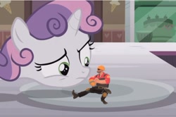 Size: 640x425 | Tagged: safe, edit, edited screencap, screencap, sweetie belle, pony, forever filly, dancing, engineer, kazotsky kick, meme, micro, sweetie's plate, team fortress 2, this will end in death, this will end in explosions, tiny desk engineer