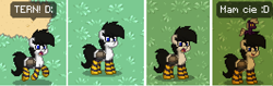 Size: 531x168 | Tagged: safe, oc, oc only, oc:fire tern, oc:jeshi, pony, unicorn, zebra, clothes, comic, micro, plushie, polish, pony town, socks, striped socks