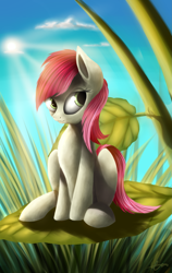 Size: 1891x3000 | Tagged: safe, artist:quefortia, roseluck, earth pony, pony, cloud, female, grass, leaf, mare, micro, sitting, smiling, solo, sun, sunlight