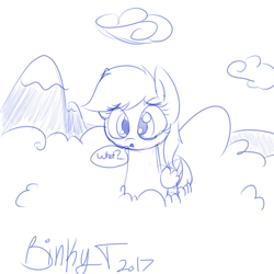 Size: 1024x1024 | Tagged: safe, artist:binkyt11, rainbow dash, pegasus, pony, cloud, female, giant pony, lineart, macro, mare, monochrome, mountain, signature, simple background, sketch, speech, speech bubble, white background