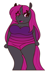 Size: 2068x2873 | Tagged: safe, artist:candy.bytes, artist:l0vebuggs, oc, oc:gyne, anthro, changeling, changeling queen, changeling queen oc, chubby, cute, female, parent:queen chrysalis, purple changeling, story included