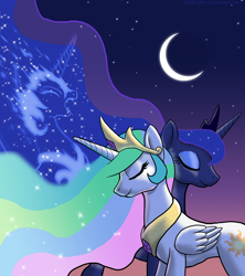 Size: 1600x1800 | Tagged: safe, artist:muffinshire, nightmare moon, princess celestia, princess luna, alicorn, pony, disintegration, duality, eyes closed, female, intertwined manes, jewelry, mare, moon, neck hug, night, outdoors, regalia, royal sisters, screaming, sky, smiling, standing, stars, windswept mane