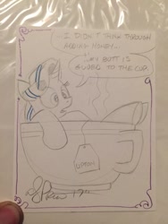 Size: 768x1024 | Tagged: safe, artist:andypriceart, artist:ramivic, starlight glimmer, pony, unicorn, cup, cup of pony, female, food, honey, lipton's tea, mare, micro, monochrome, solo, stuck, teacup, traditional art